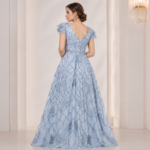 Elegant Blue White Floral Maxi Dress for Women V Neck Flutter Sleeve Long Formal Party Evening Summer Wedding Guest Gown Outfit - Product Image 3