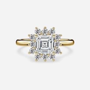 Anillo de Compromiso con Diamante Cultivado en Laboratorio de Corte Asscher de 3.60CT, Oro Amarillo de 14KT, Halo de Flores, Anillo de Novia al por Mayor - Product Image 2