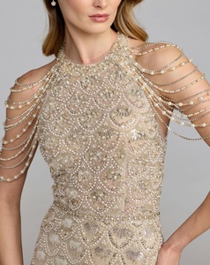 Robe de soirée longue en satin non extensible, coupe trapèze, col montant, asymétrique à une épaule, ornée de perles et brodée, couleur champagne, pour l'été - Product Image 5