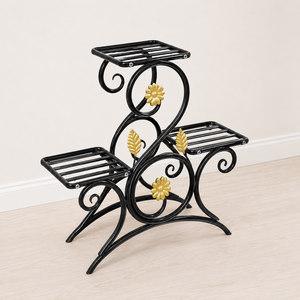 Black Metal 3 Tier Decorative <b>Plant</b> Stand with Gold Flower Accents Indoor Flower Pot Rack for Home Garden Display Holder - Product Image 2