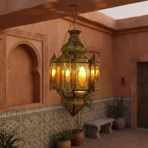 Vintage Iron and Glass Hanging Lantern with Ornate <b>Moroccan</b> Design Decorative Pendant <b>Lighting</b> for Home Garden Patio Interiors - Product Image 2