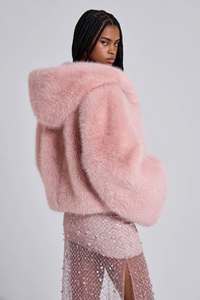 Pink Faux <b>Fur</b> <b>Hooded</b> <b>Jacket</b> Short Batwing Sleeve Winter Coat Warm Sweet Style Outerwear - Product Image 4