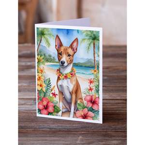 Tarjetas de felicitación de Basenji Luau Whimsical A7, paquete de 8 tarjetas de notas en blanco con sobres, tamaño 5x7 - Product Image 2