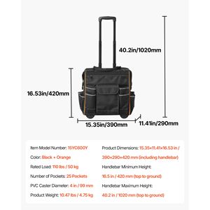 Borsa Porta Attrezzi con Ruote, Capacità 50 kg, 25 Tasche, Chiusura a Cerniera, Manico Telescopico Regolabile - Product Image 6