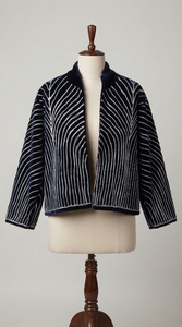Chaqueta de Terciopelo Azul Marino con Bordado Plateado, Cuello Chal con Diseño a Rayas, Corta, Abrigo Elegante de Invierno para Mujer - Product Image 3
