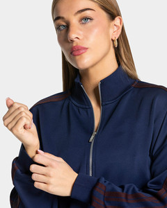 New Fashion OEM Custom Drop Shoulder <b>Dark</b> <b>Blue</b> Crop Zip Jacket & Shorts With Stripes Womens Tracksuits Streetwear Women's Hoodie - Product Image 5