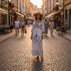 เทรนด์แฟชั่นลำลองสำหรับวันหยุดฤดูร้อนปี 2026 ชุดเดรสทรงเข้ารูปเอวสูง คอวี แขนสั้น พิมพ์ลาย สำหรับผู้หญิง - Product Image 1