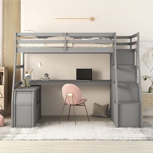 Letto a soppalco matrimoniale con 7 cassetti, 2 ripiani e scrivania in grigio per bambini - Product Image 2