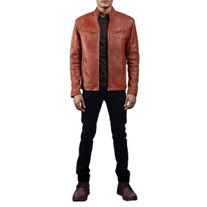 Men's Genuine <b>Leather</b> <b>Jacket</b> for Winter Breathable <b>Long</b> Sleeve Zipper Coat with Turn Down Collar Canvas Fabric - Product Image 1