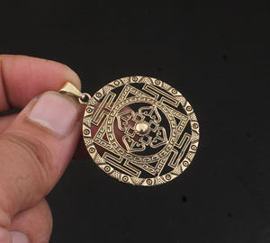 Designer Inspired Vintage Gold 925 Sterling <b>Silver</b> Victorian Style Embossed <b>Coin</b> <b>Necklace</b> Retro Matte Jewelry Bezel Setting - Product Image 2