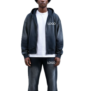 Conjuntos Deportivos de Alta Calidad para Hombre, Lavado Ácido, Efecto Desgastado por el Sol, Conjunto de Dos Piezas para Correr, Pantalones Deportivos Personalizados y Sudadera con Cremallera - Product Image 3