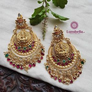 Nakshi Vintage Gold Plated Chandelier Drop <b>Earrings</b> with Jade <b>Pearl</b> <b>Diamond</b> Moissanite - Product Image 2