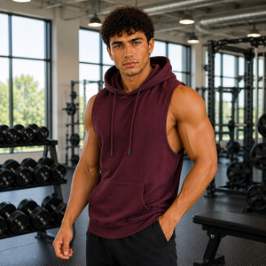 <b>Men</b> <b>Sleeveless</b> Hooded Sweatshirt Olive Green French Terry Casual Gym Wear Pocket Design Regular Fit Autumn Style - Product Image 3