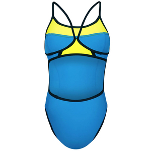 Traje de Baño de Una Pieza para Mujer, Tirantes Finos, Azul y Amarillo, Secado Rápido, UPF50+, Color Sólido, Traje de Baño Competitivo, OEM Personalizado, con Lazos - Product Image 4