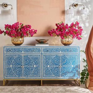 Commode artisanale moderne à 6 tiroirs en os bleu incrusté, écologique, élégante, pour chambre et salon, motif floral - Product Image 1