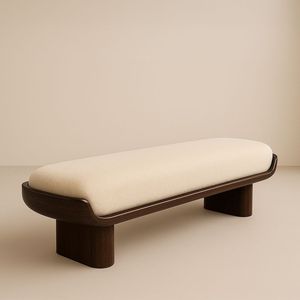 Nordic Style Curved Wood <b>Long</b> Bench Aesthetic Cream Fabric <b>Cushioned</b> Ottoman For Luxury Villa Project - Product Image 1
