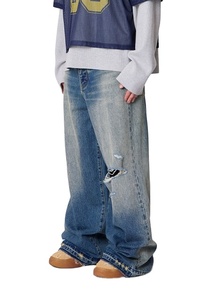 Jean ample déchiré bleu pour homme, 100 % coton, taille mi-haute, style vintage décontracté, coupe ample, streetwear, pantalon baggy tendance - Product Image 5