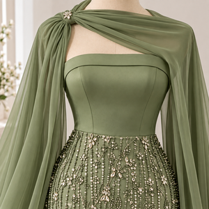 Robe de soirée sirène vert menthe longue sans manches avec châle, ornée de perles, taille naturelle, écologique - Product Image 4