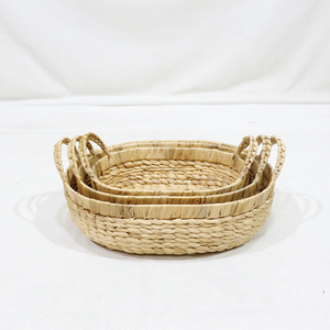 Nouvel Arrivage Ensemble de plateaux de service ovales et paniers de rangement gigognes en jacinthe d'eau tressée à la main avec deux poignées latérales - Product Image 5