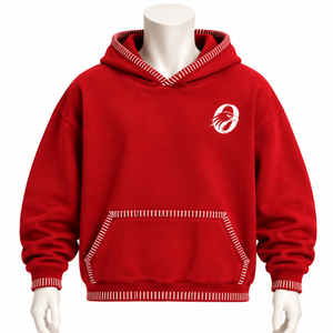 Sweat-shirt à capuche surdimensionné décontracté avec bordure cousue rouge, effet vieilli, surpiqûres contrastées et poche kangourou, coupe décontractée - Product Image 1