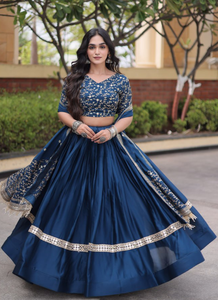 Blue Ethnic Fendy Silk Satin <b>Shawl</b> Pashmina Style Hijab Scarf Fringe Border Lehenga Set <b>Wedding</b> Festival Wear - Product Image 3
