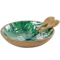 Houten saladekom met meerdere kleuren, houten emaille print, ronde serveerschaal voor groothandel uit India