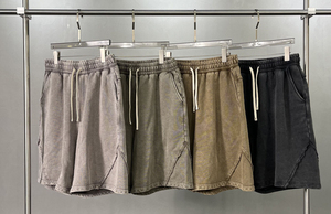Streetwear Men's Custom Casual Solid Acid Washed Heavyweight <b>Canvas</b> Drawstring Distressed Long Cotton Ripped Sweat Shorts - Product Image 3