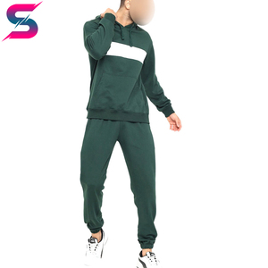 Men's Dark Green Hooded <b>Tracksuit</b> With <b>White</b> Stripe Color Blocking Full Length Casual Autumn Wear 100% Cotton Side Pockets - Product Image 4
