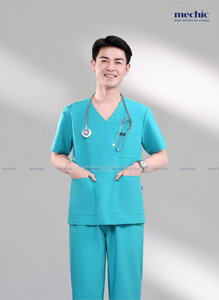 Conjunto de Uniforme Médico para Hombre, Cuello en V, Color Verde Menta, Manga Corta, Pantalones de Algodón y Poliéster, Incluidos - Product Image 3