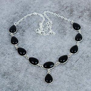 Brass Plated Black Onyx Flower Bezel <b>Statement</b> Minimalist <b>Necklace</b> with Unique Chain 18 Inch Party Wedding Jewelry - Product Image 3