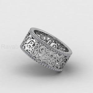 Victorian Inspired 14k Gold <b>925</b> <b>Silver</b> 9mm Wide Floral Filigree Cigar Pattern Stacking Band <b>Ring</b> With CZ Fine Jewelry For Her - Product Image 3