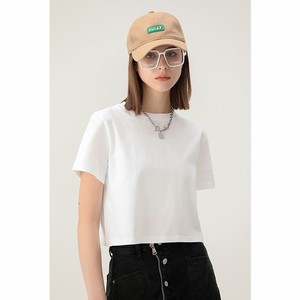 Crop Top Crew Neck Short Sleeve Women's White Regular Fit 100% Cotton Jersey Solid Color Casual Spring Summer T-Shirt OEM ODM - Product Image 1