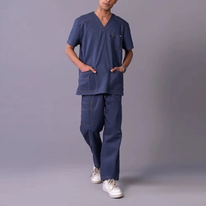 Conjunto de Uniforme Médico Unisex Azul, Poliéster, Rayón, Spandex, Tejido de Punto, Cuello en V, Pantalones con Cintura Elástica, Transpirable - Product Image 1