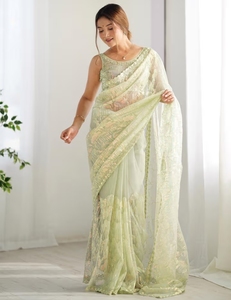 KV Women's <b>Net</b> <b>Light</b> Green Embellished Designer Saree With Unstitched Blouse - Product Image 6