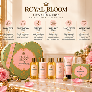 Ensemble Essentiel Bain & Corps OEM/ODM 7-en-1 – Coffret Cadeau Pistache & Rose – Parfum et Design d'Emballage Personnalisables – Lait Lavant, Sel, Huile - Product Image 3