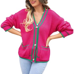 2026 Pink Custom Colours Embroidered Wool/Acrylic <b>Thick</b> V-neck Casual Sorority Fraternity College Varsity <b>Cardigan</b> Sweater - Product Image 2