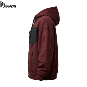 High Quality OEM <b>Men</b> Oversized <b>Burgundy</b> Tactical Full-Zip Heavyweight <b>Hoodie</b>, Utility Fleece <b>Hoodie</b> with Buckle Strap - Product Image 3