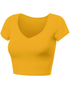 T-shirt en maille respirant à col rond et manches bouffantes, coupe ajustée, couleur unie jaune moutarde, avec ceinture, pour femme, printemps-été - Product Image 6
