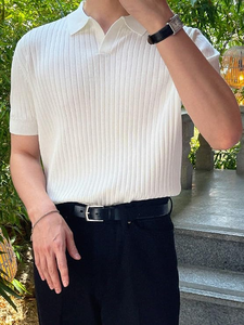 Camiseta de punto acanalado para hombre, cuello en V, manga corta, informal, lisa, color blanco, talla L - Product Image 5