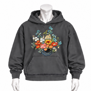 Sweat à capuche gris anthracite à motif floral coloré, coupe oversize, avec poche kangourou, style streetwear décontracté - Product Image 1