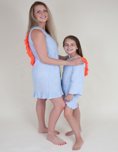 Robe courte à volants dos nu, 1 pièce, tenue élégante, bleu ciel, costume de plage avec glands, Collection assortie pour belle maman et fille - Product Image 1
