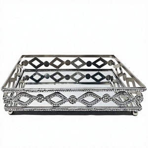 Handmade Luxury <b>Mirrored</b> Glass Vanity Tray <b>Silver</b> Crystal Beaded Metal Decorative Tray Cosmetic Organizer Jewelry Display - Product Image 1