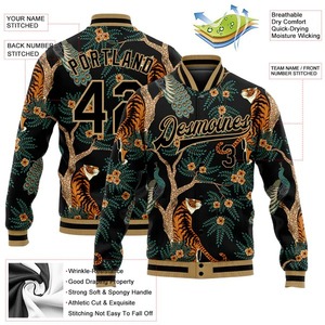 Custom Sublimation Uniform Black <b>Old</b> Gold Tiger And Peacock 3D Pattern Bomber Varsity Letterman <b>Jacket</b> Full Snap Outerwear - Product Image 2