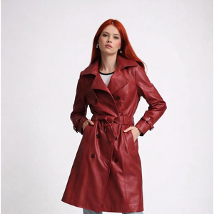 Gabardina Larga de Cuero Sintético Rojo para Mujer, Estilo Casual de Otoño, Cuello con Muescas, Manga Larga, Doble Botonadura, con Cinturón - Product Image 5
