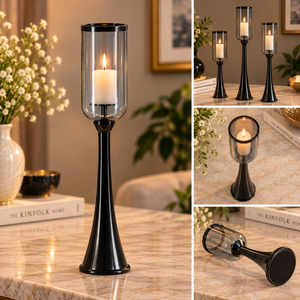 Smoked Glass Hurricane <b>Candle</b> <b>Holder</b> with Tall <b>Black</b> Metal Base for Table Display | Contemporary <b>Candle</b> Stand for Home Dining De - Product Image 3