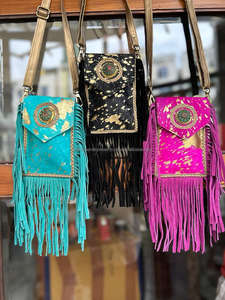 Pelo hecho a mano en piel de vaca metálica flecos negros mujeres bandolera móvil bolso occidental cuero genuino Concho teléfono celular monedero - Product Image 3