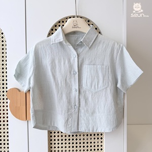 Chemise à manches courtes boutonnée pour enfants SeunKids, tissu tissé en lin Tencel, chemise décontractée pour garçons et filles - Product Image 6