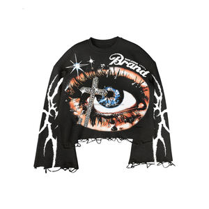 T-shirt pour homme en coton 100% personnalisé, 280 g/m², en molleton français noir, à manches longues, imprimé avec des strass, respirant, taille oversize - Product Image 2