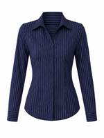 Chemise boutonnée à rayures fines bleu marine pour femme, manches longues, coupe classique, col rabattu, longueur normale, en popeline, idéale pour le bureau