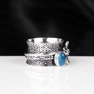 925 Sterling Silver Plated Bee Spinner Natural Blue Apatite Gemstone <b>Ring</b> Handmade Textured <b>Statement</b> Band Meditation <b>Ring</b> - Product Image 3